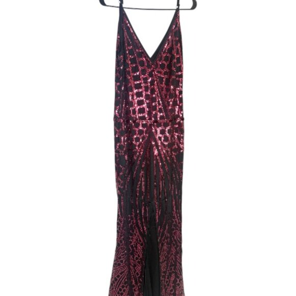 VIJIV 1920s Art Deco Sequin Mermaid Gown XL Crimson Red V-Neck Slit - Picture 3 of 5